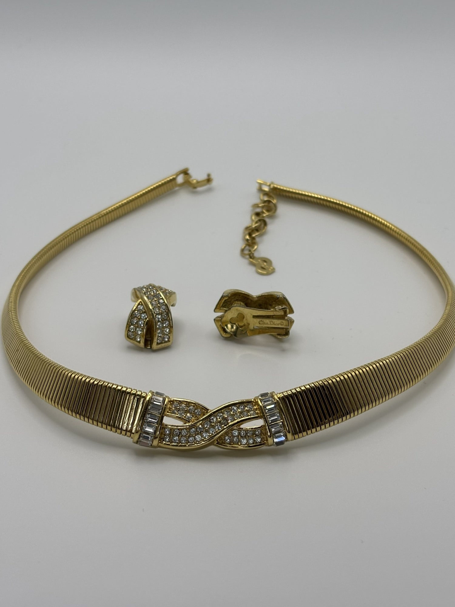 Vintage 1980s Christian Dior Omega Necklace and Clip-On Earrings