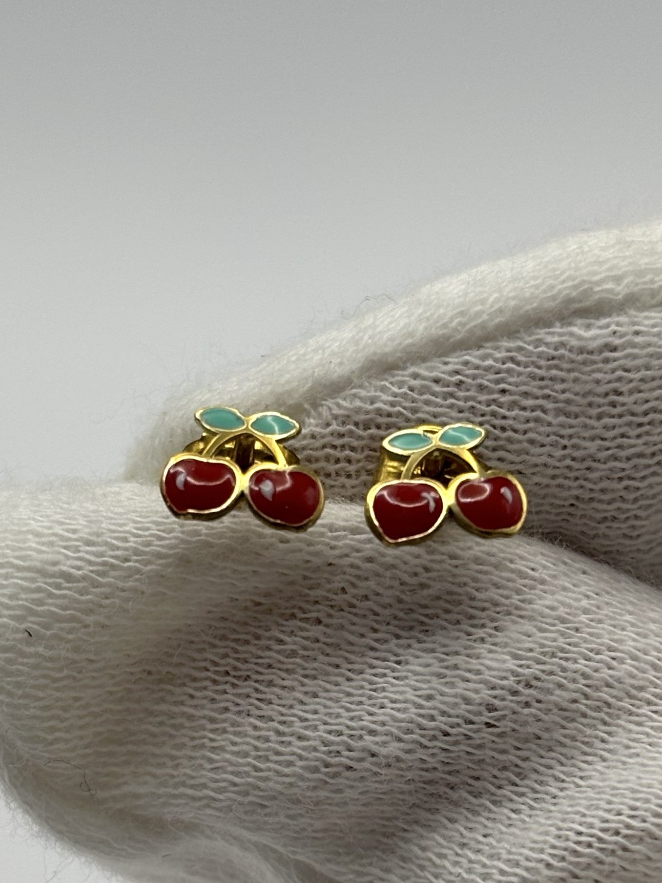 9ct Yellow Gold Enamel Small Cherries Stud Earrings