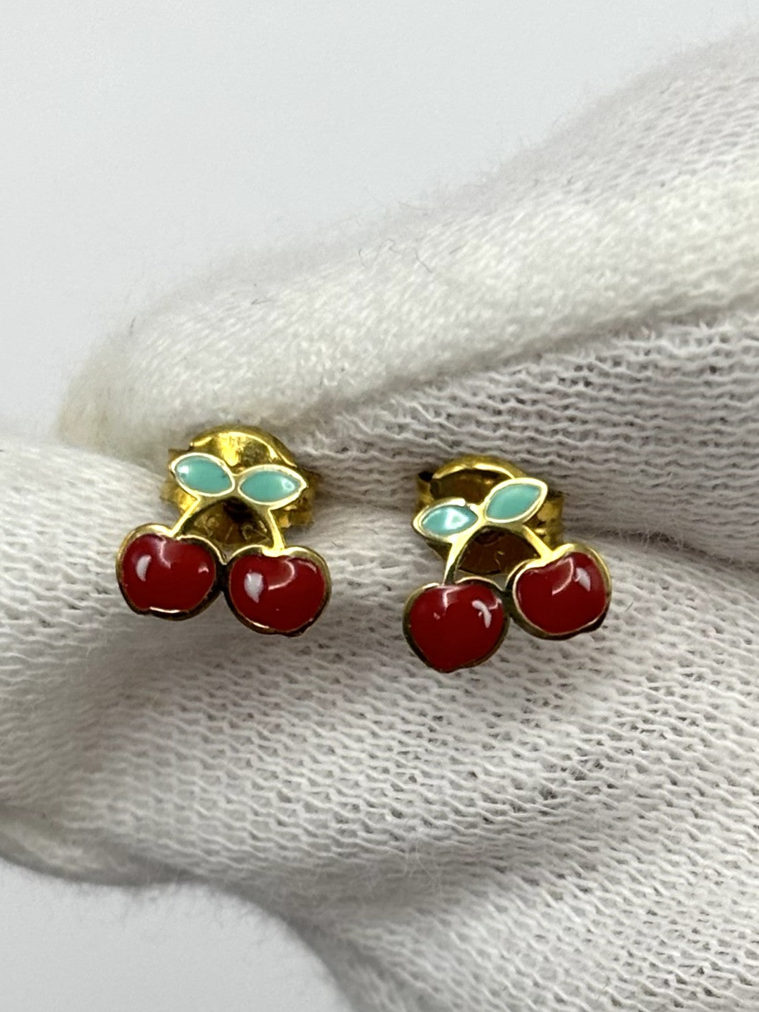 9ct Yellow Gold Enamel Small Cherries Stud Earrings