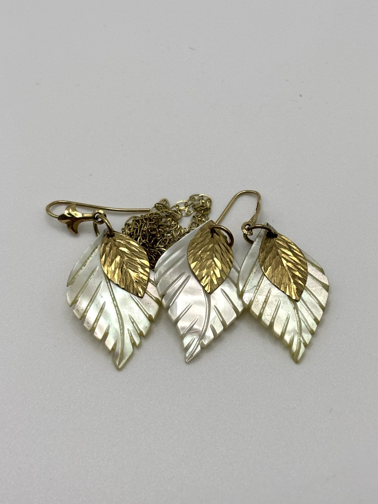 9ct Yellow Gold Mother Of Pearl Leaf Design Earrings and Pendant Set