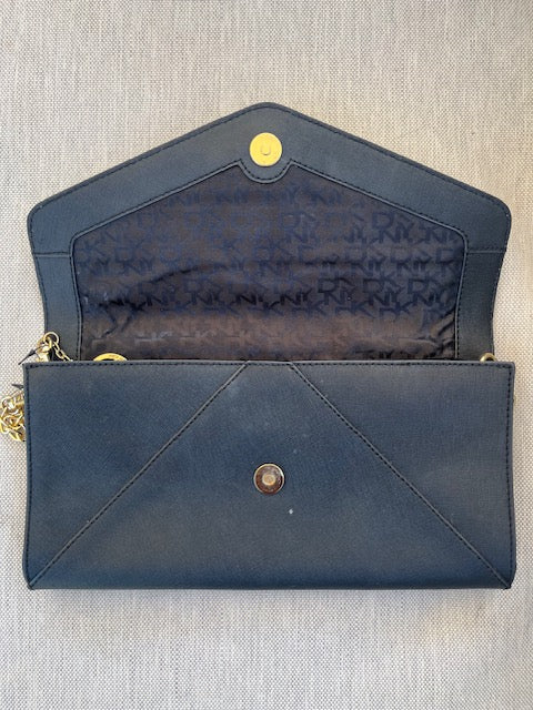 DKNY Black Clutch/Chain Shoulder Bag with Gold Hardware, Logo Key Ring & Removable Chain