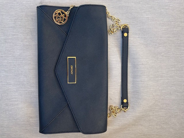 DKNY Black Clutch/Chain Shoulder Bag with Gold Hardware, Logo Key Ring & Removable Chain