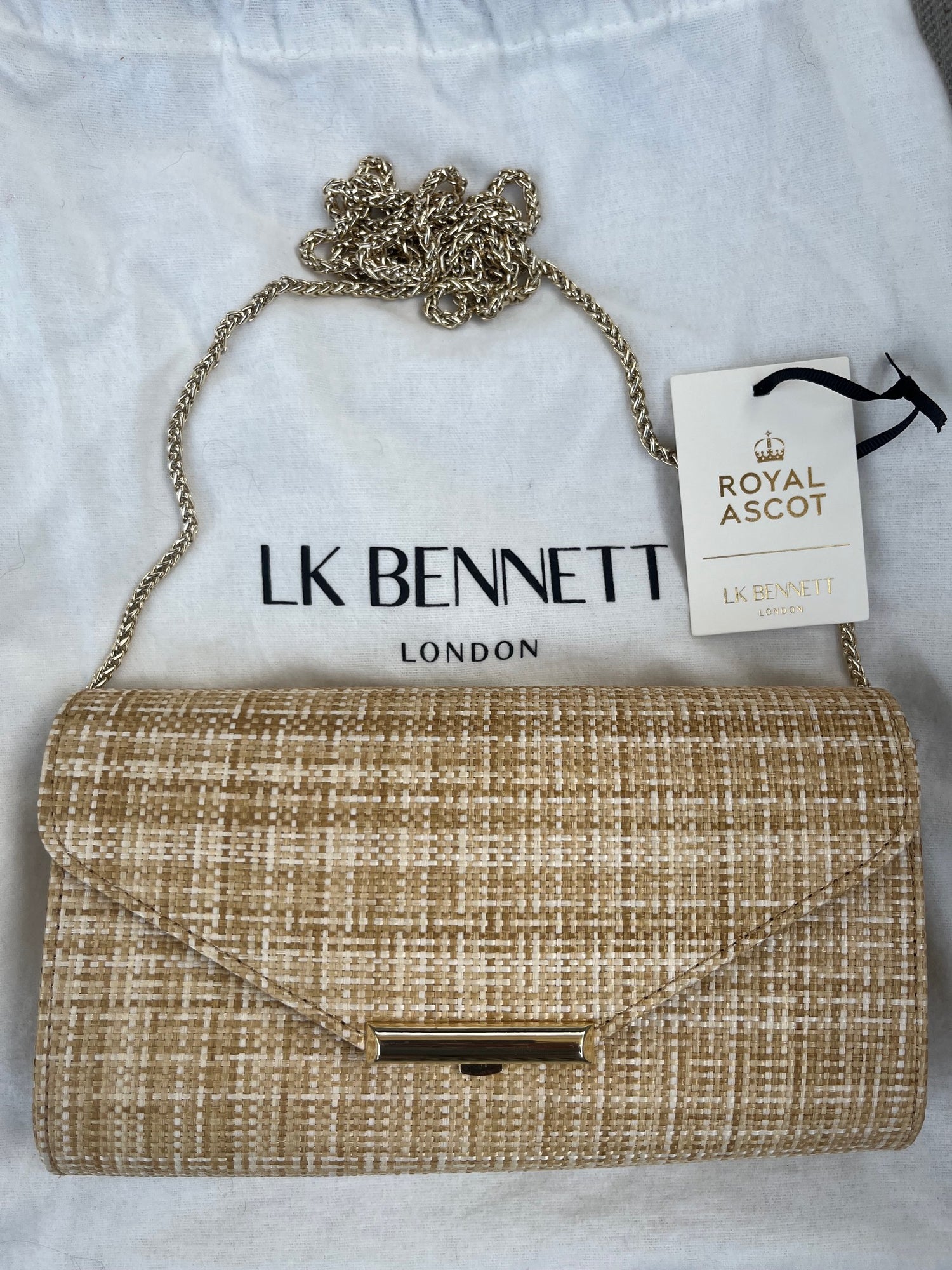 LK Bennett London Royal Ascot Lucy Raffia Small Clutch with Removable Gold Chain NWT