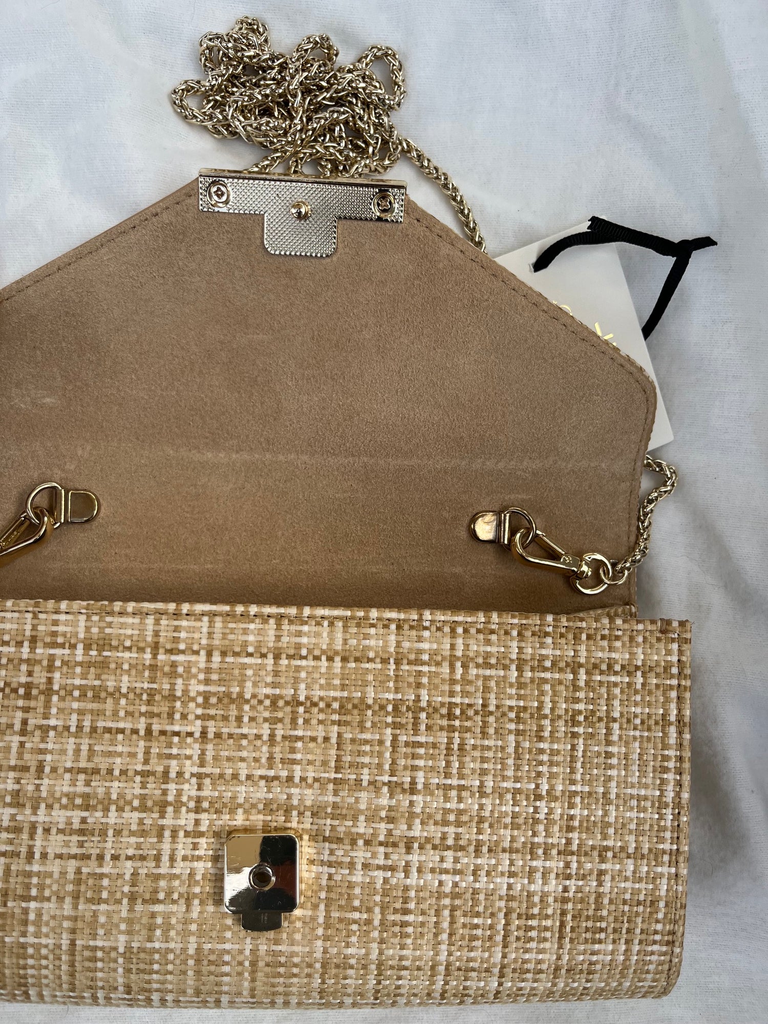 LK Bennett London Royal Ascot Lucy Raffia Small Clutch with Removable Gold Chain NWT