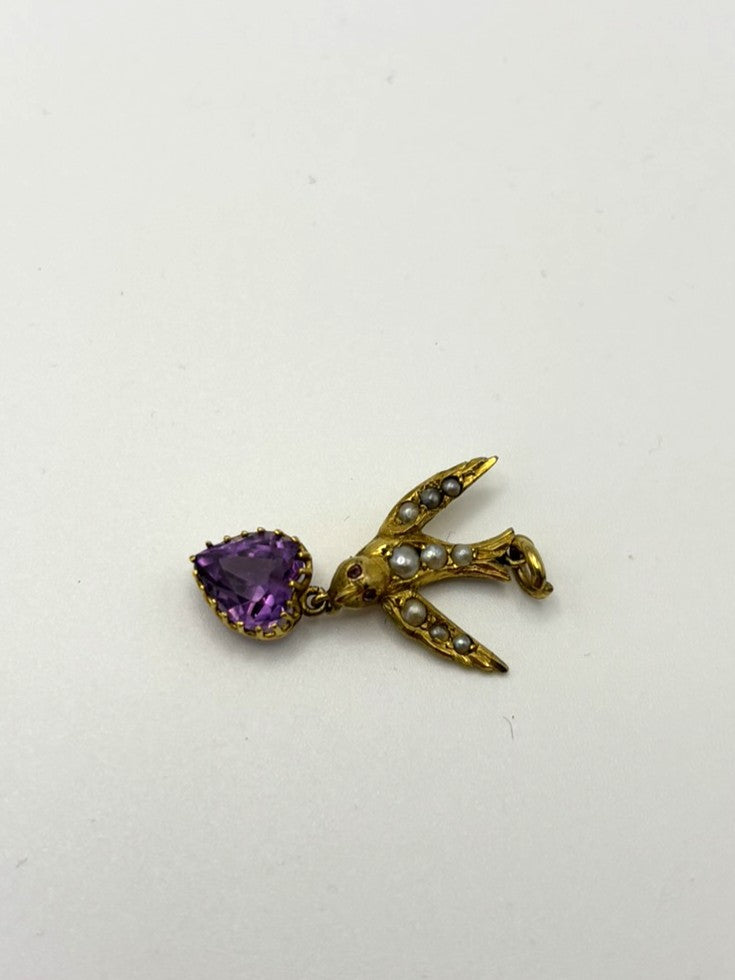 14ct Yellow Gold Victorian Swallow Pendant with Amethyst & Seed Pearls
