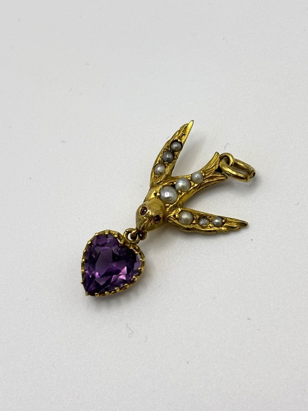 14ct Yellow Gold Victorian Swallow Pendant with Amethyst & Seed Pearls