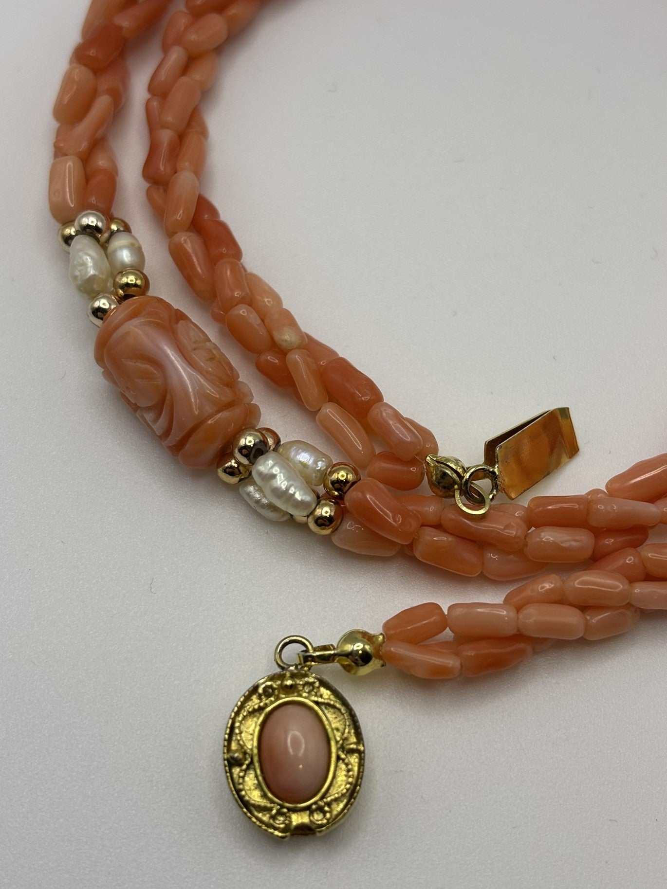 Beautiful Twisted Coral & Pearl Necklace with Carved Coral Beads