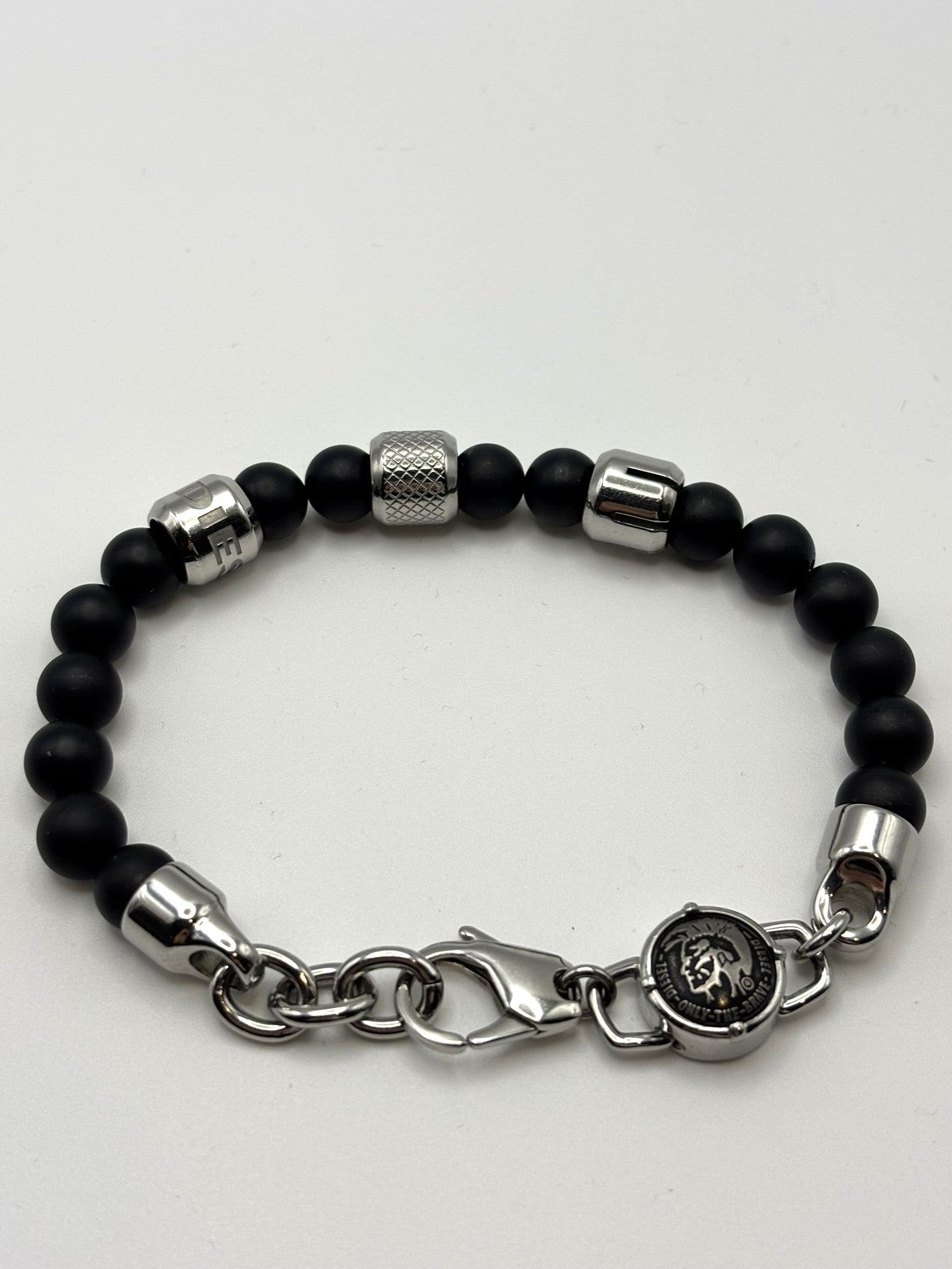Cool Diesel Stainless Steel "Only The Brave" Bracelet with Black Agate Beads