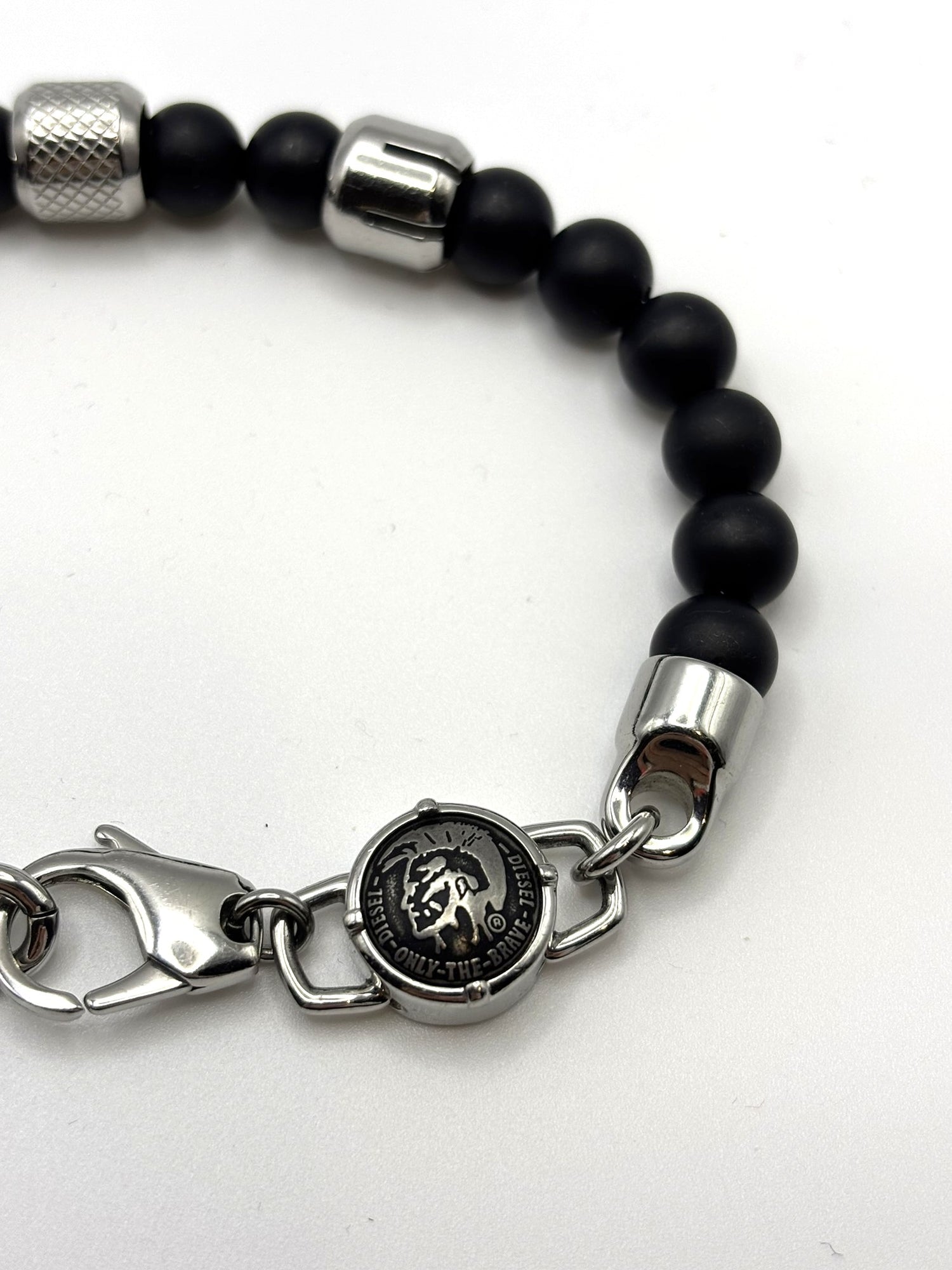 Cool Diesel Stainless Steel "Only The Brave" Bracelet with Black Agate Beads