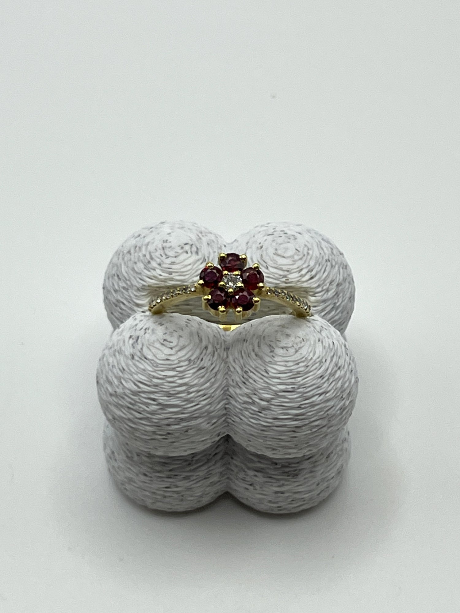 Cute 14ct Yellow Gold Spring Flower Cluster Ruby and Diamond Ring