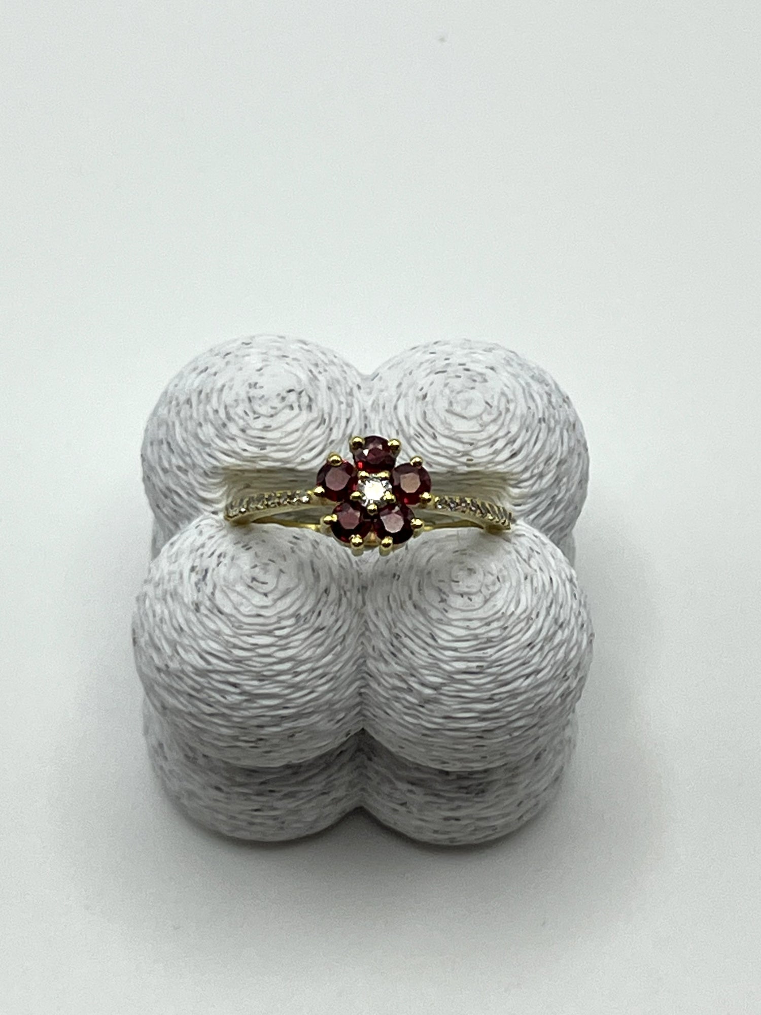 Cute 14ct Yellow Gold Spring Flower Cluster Ruby and Diamond Ring