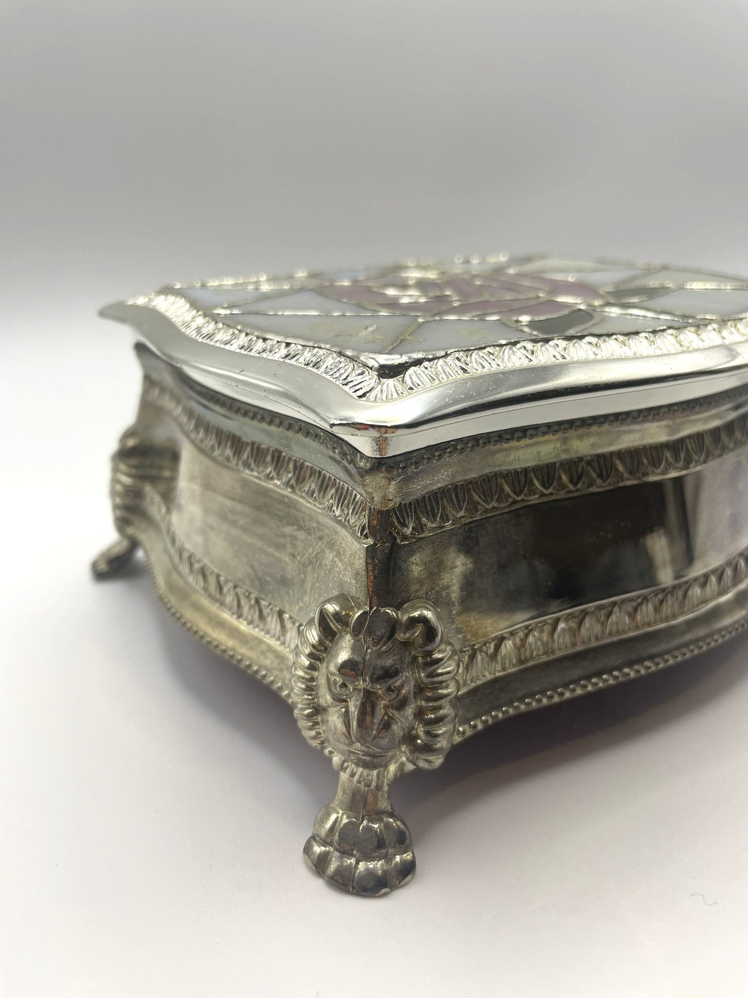 Vintage Rennie Mackintosh Stained Glass Trinket Box with Rose Decoration & Velvet Lining