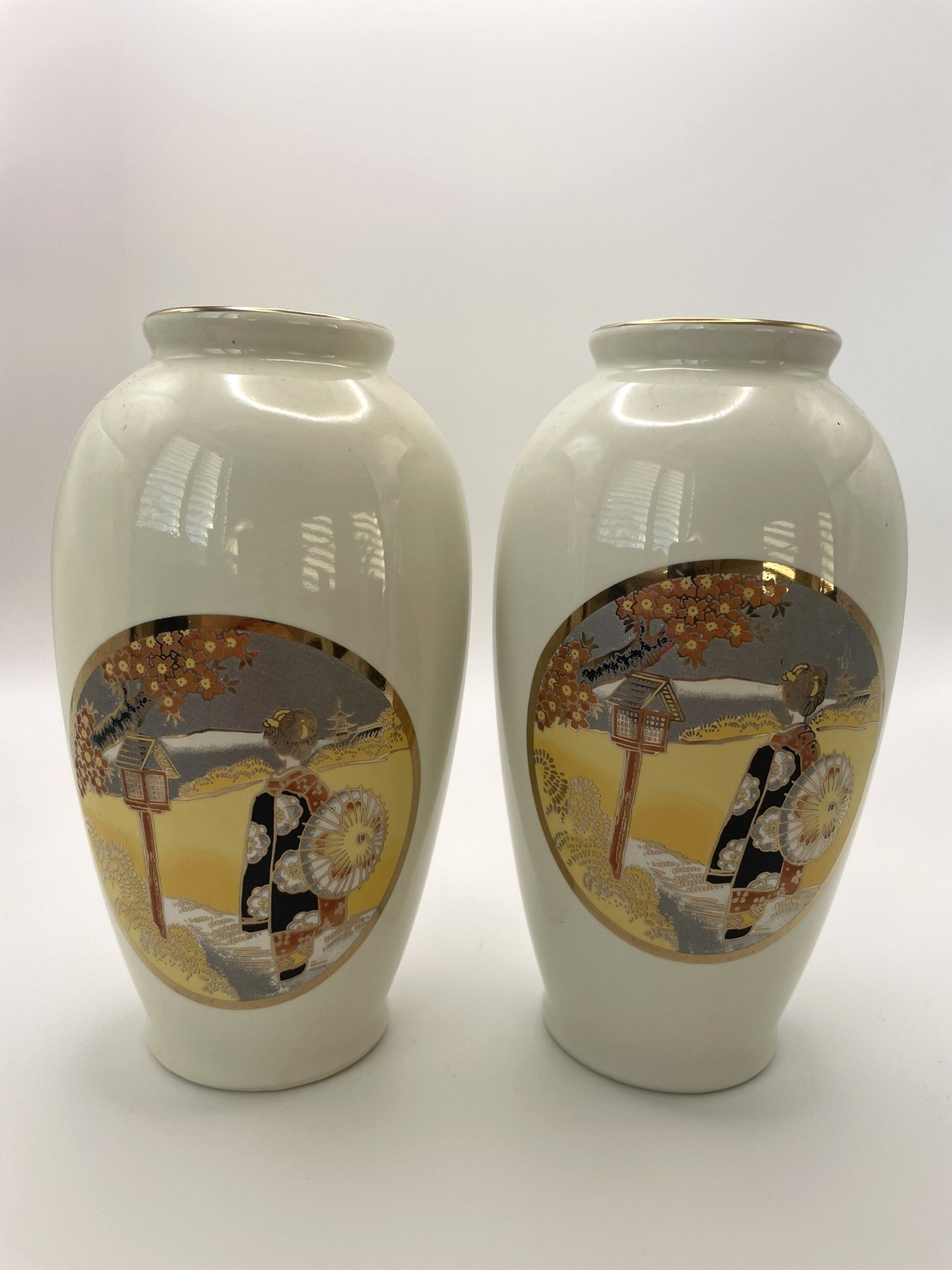 Two Porcelain Japanese Vases with Gorgeous Gold Geisha Motif