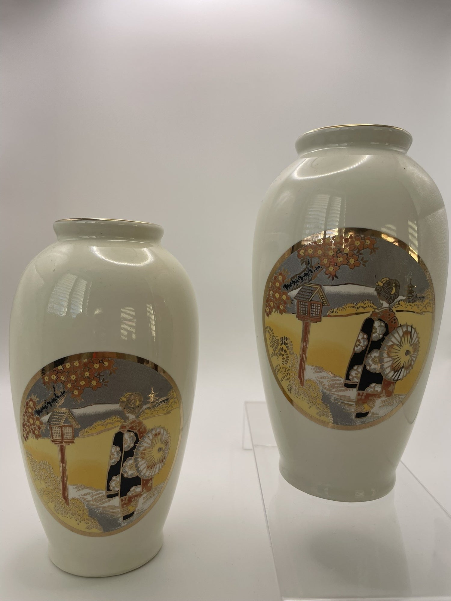 Two Porcelain Japanese Vases with Gorgeous Gold Geisha Motif