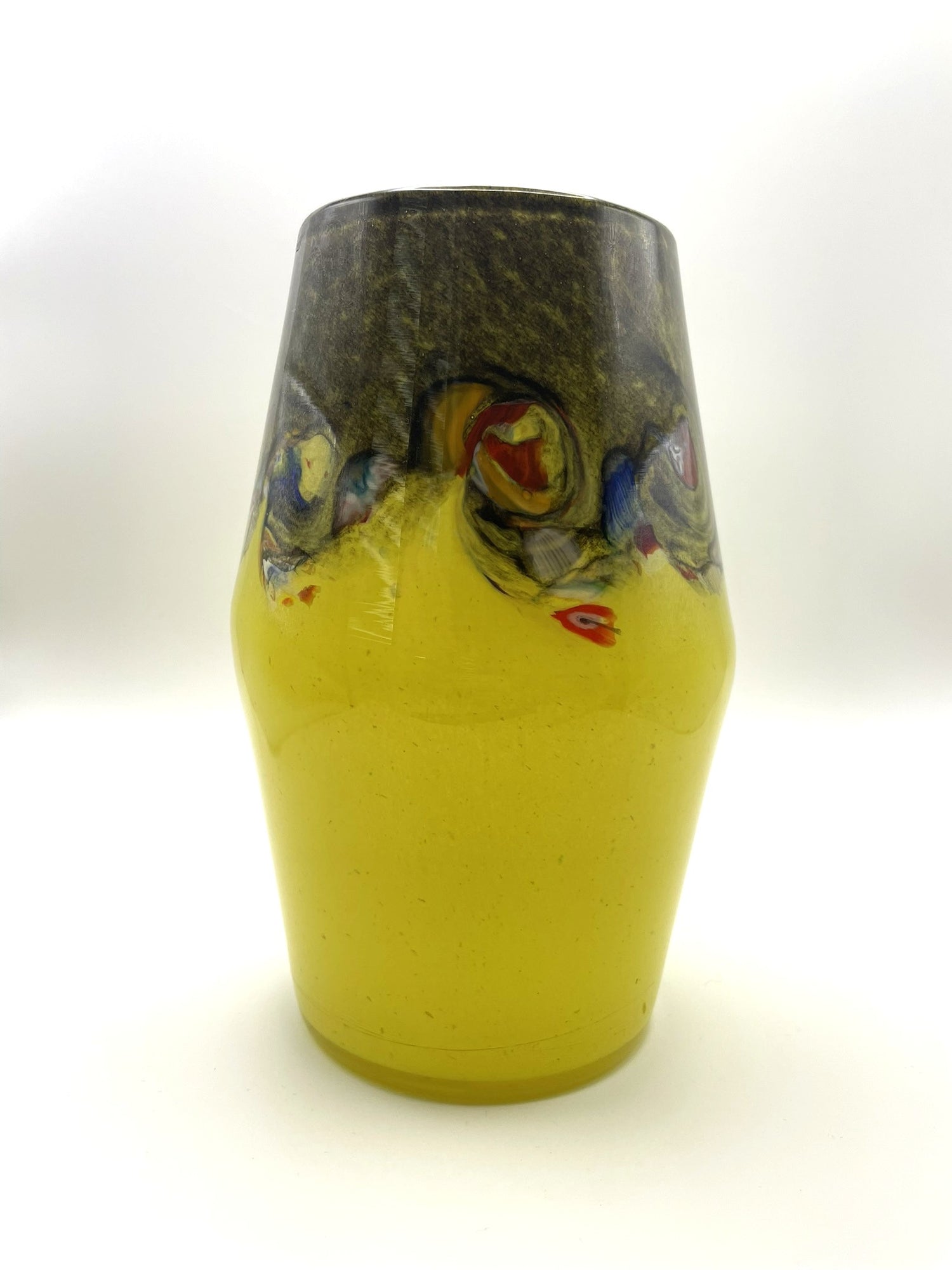 Strathearn Hand-Blown Glass Vase In Striking Yellow with Wavy Brown Pattern 20cm