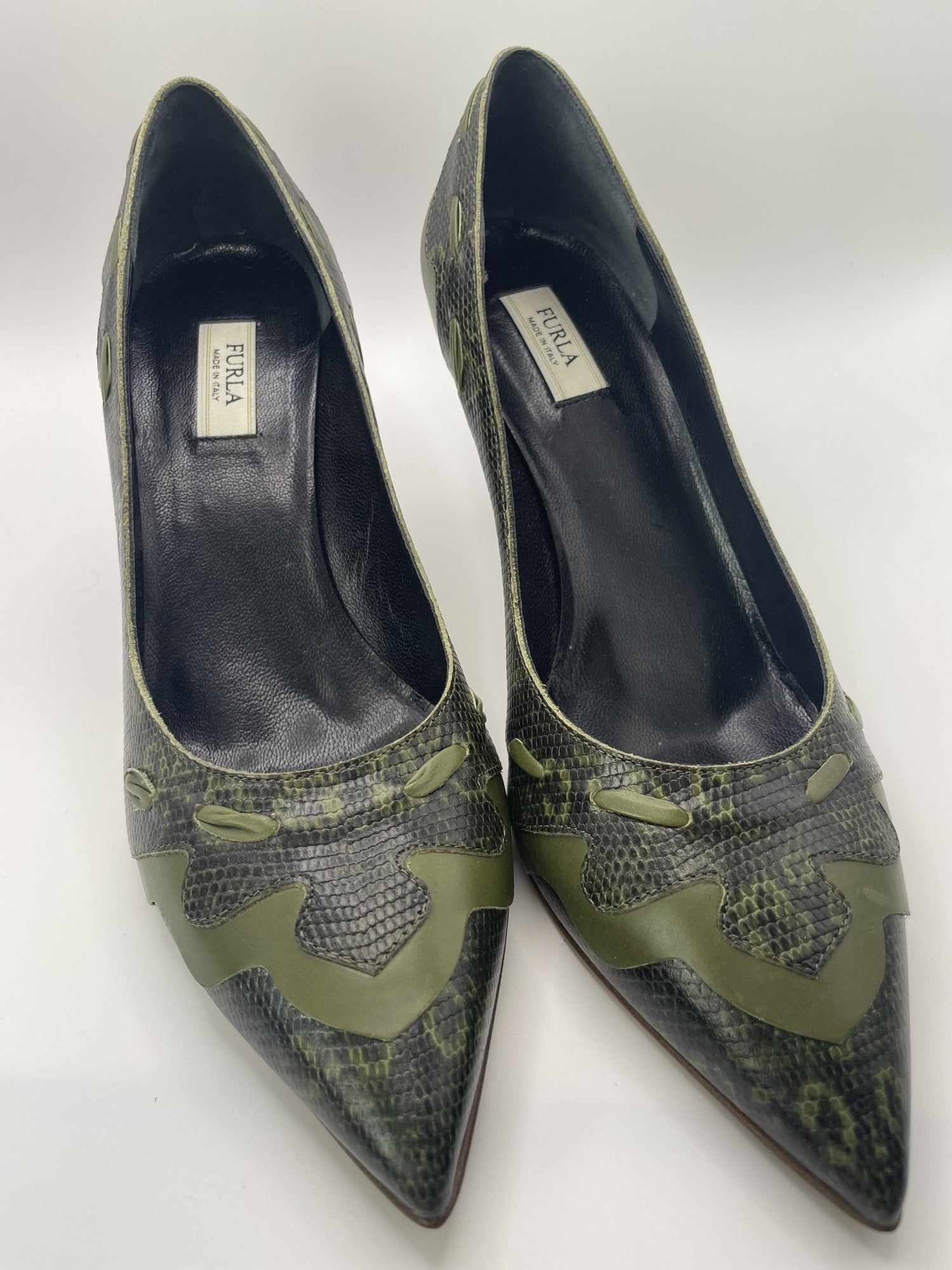 Furla Perfect Stylish Green Snakeskin & Lace Printed Court Heels UK 6