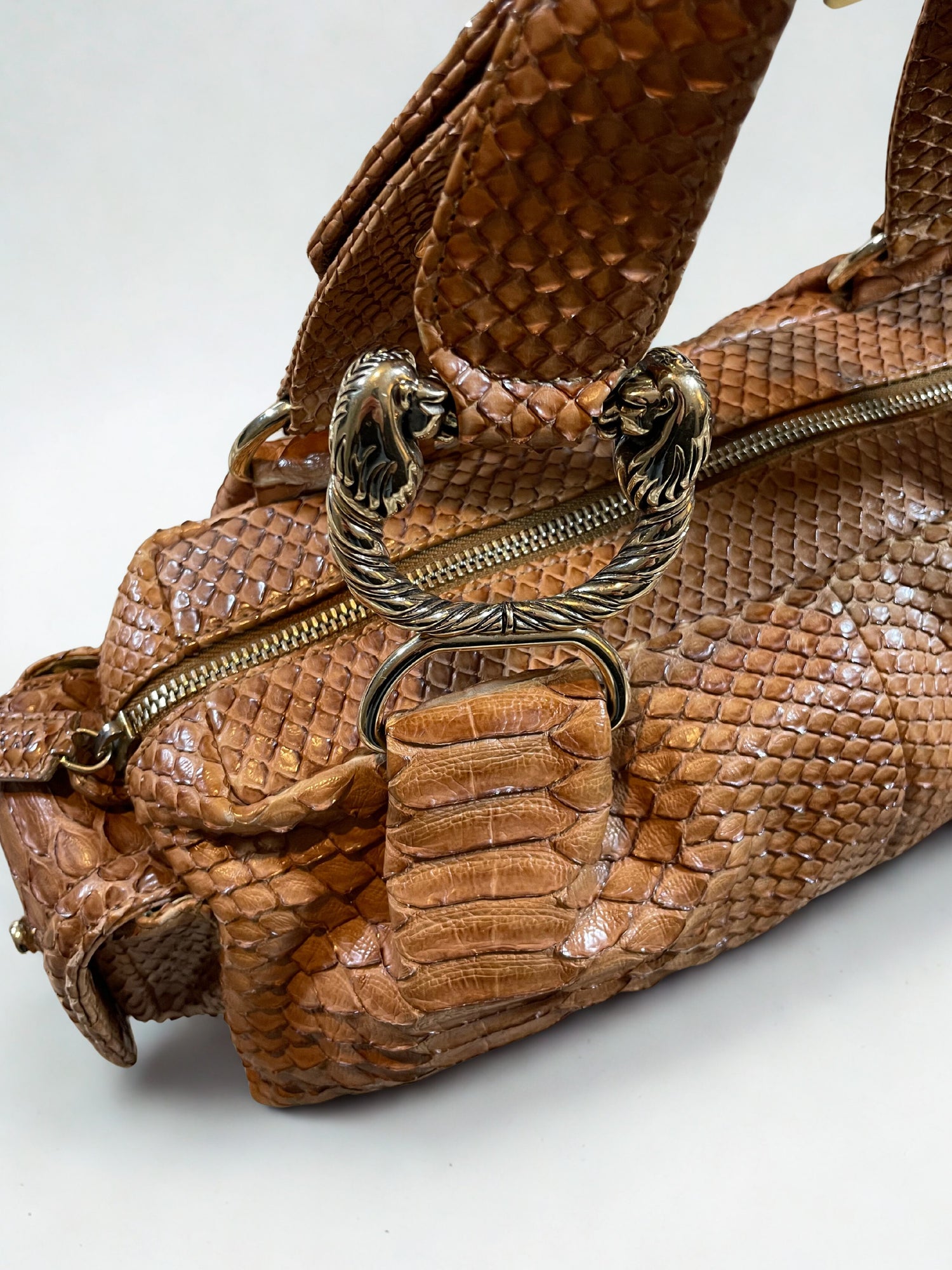 Bvlgari Vintage Python Leather Handbag in Camel Colour with Lion Hardware — RARE