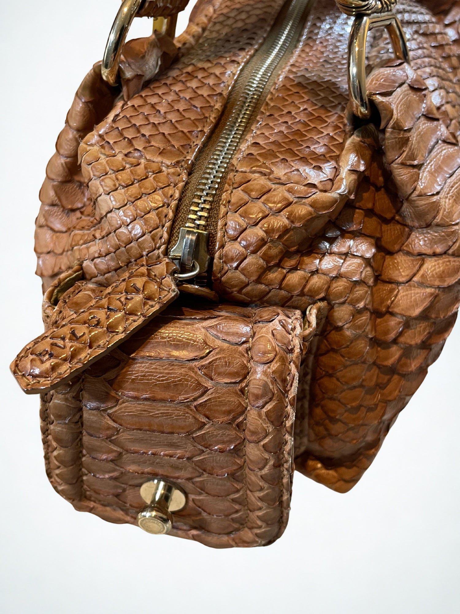 Bvlgari Vintage Python Leather Handbag in Camel Colour with Lion Hardware — RARE