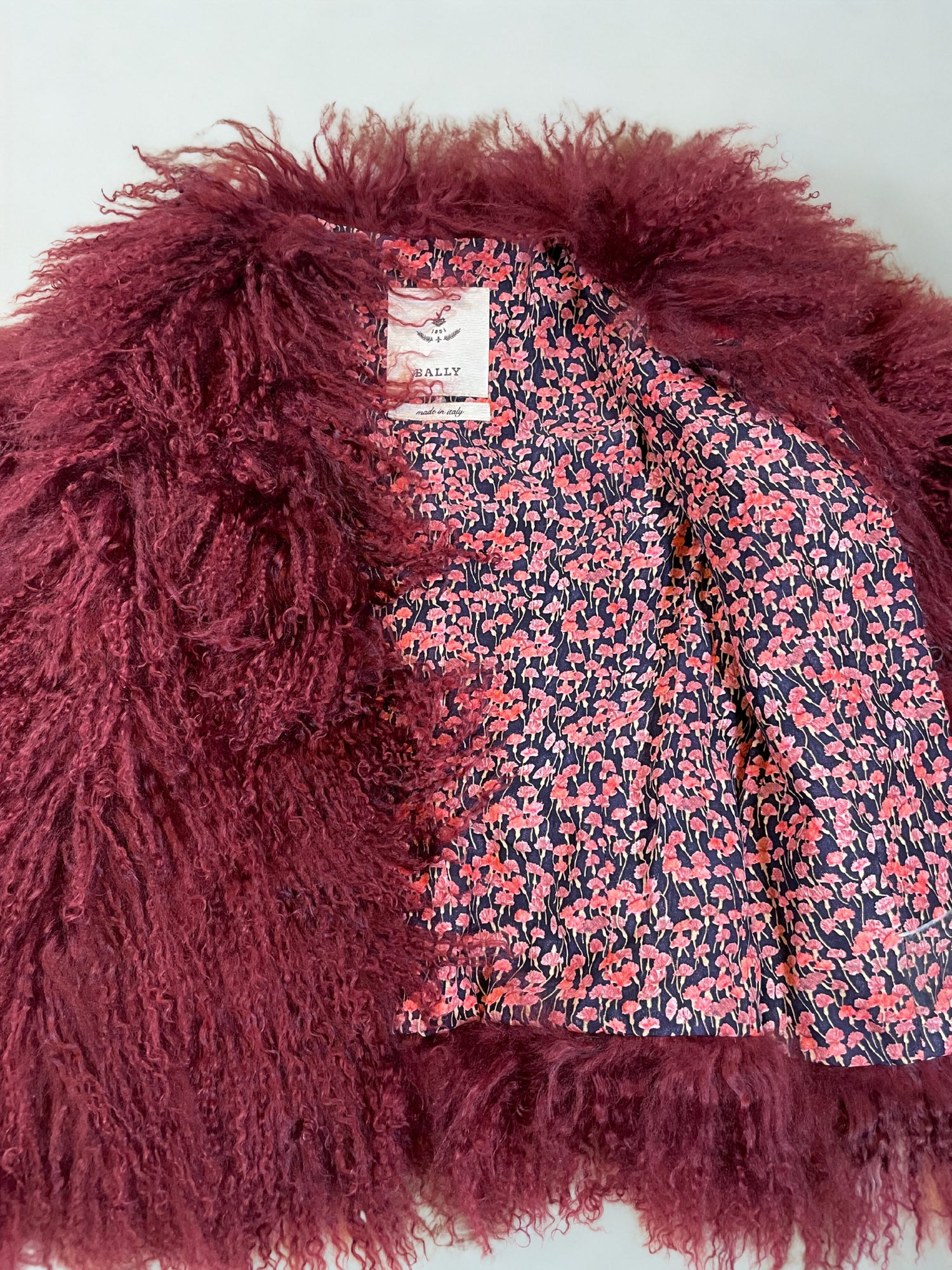 Bally Absolutely Stunning Genuine Mongolian Sheepskin Short Fluffy Coat In Burgundy Size S