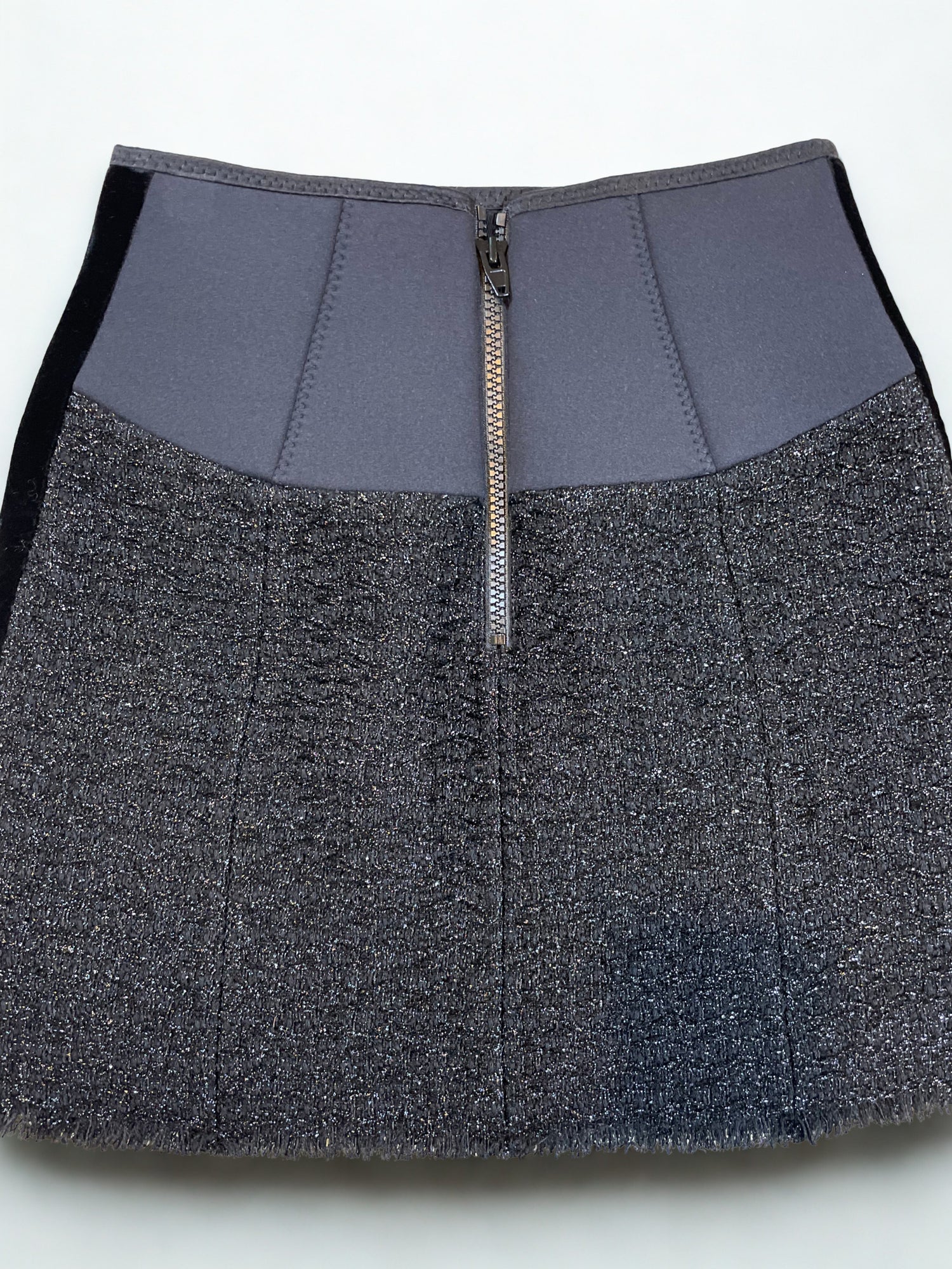 Alexander Wang Unusual Black Tweed Mini Skirt With Velvet Trim & Fringed Hem UK 8