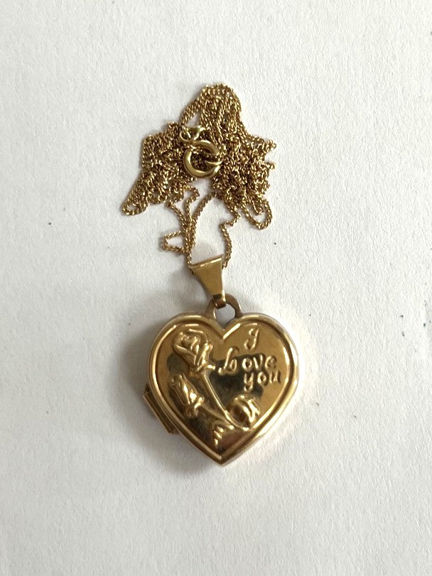9ct Yellow Metal Heart-Shaped Locket Pendant “I Love You” on Chain 42cm 1.64g