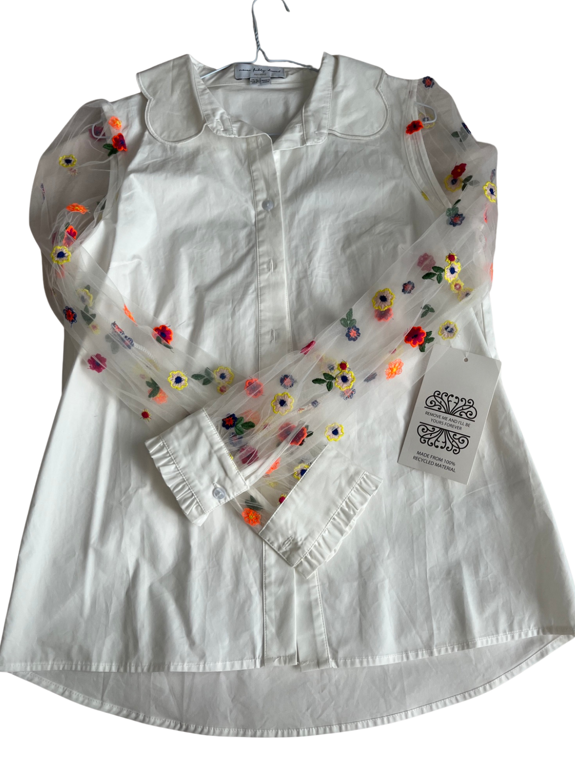 Never Fully Dressed White Shirt with Incredible Details & Stunning Floral Sleeves Size 10, NWT