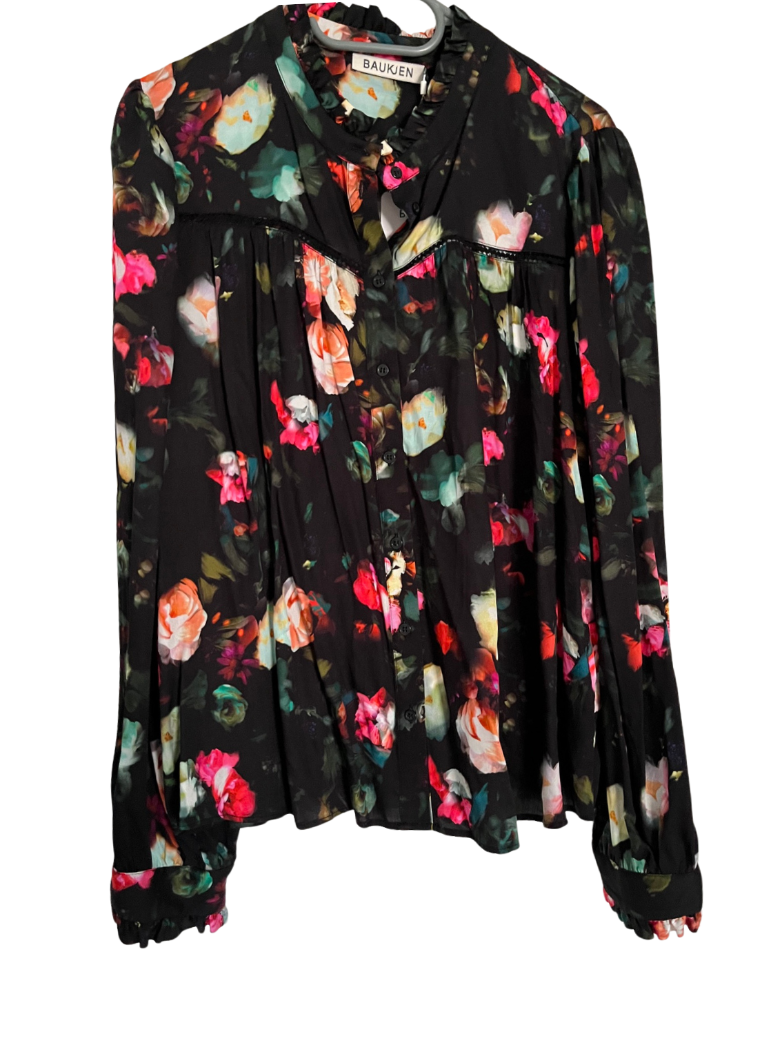 Baukjen Black Blouse with Floral Motif, Beautiful Shape & Details - Size 18, NWT
