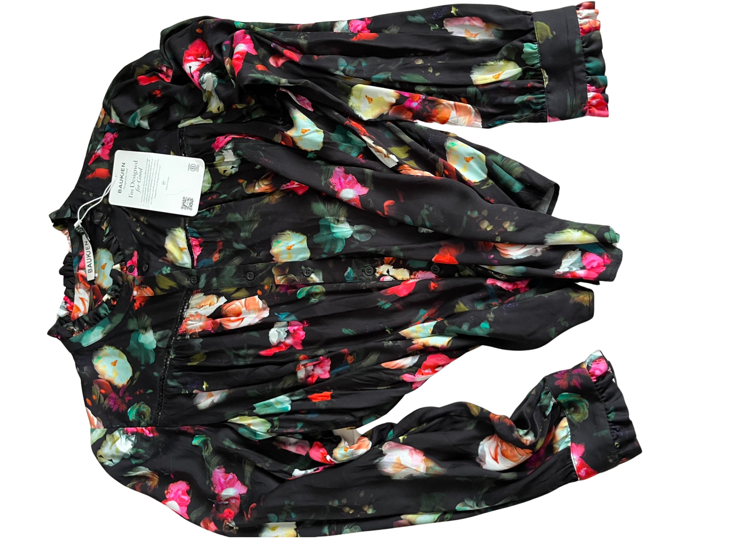 Baukjen Black Blouse with Floral Motif, Beautiful Shape & Details - Size 18, NWT