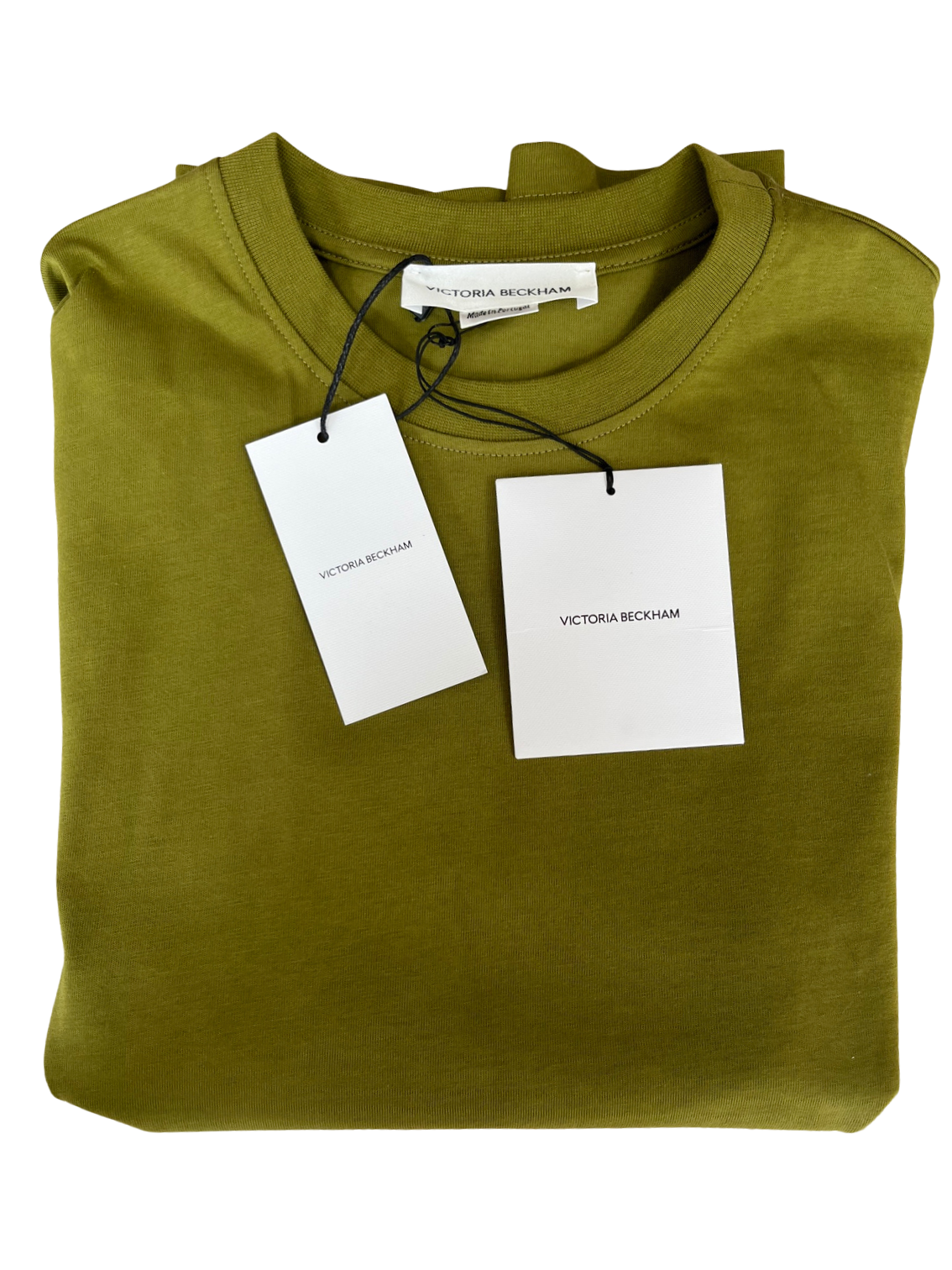Victoria Beckham Organic Cotton T-Shirt with VB Emblem in Trendy Willow Colour