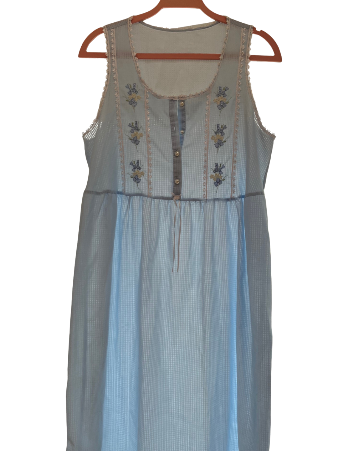Marks & Spencer Blue Checked Long Retro Nightdress with Floral Embroidery & Pearl Buttons UK 12–14