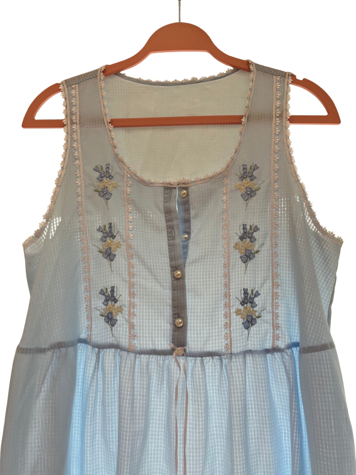 Marks & Spencer Blue Checked Long Retro Nightdress with Floral Embroidery & Pearl Buttons UK 12–14