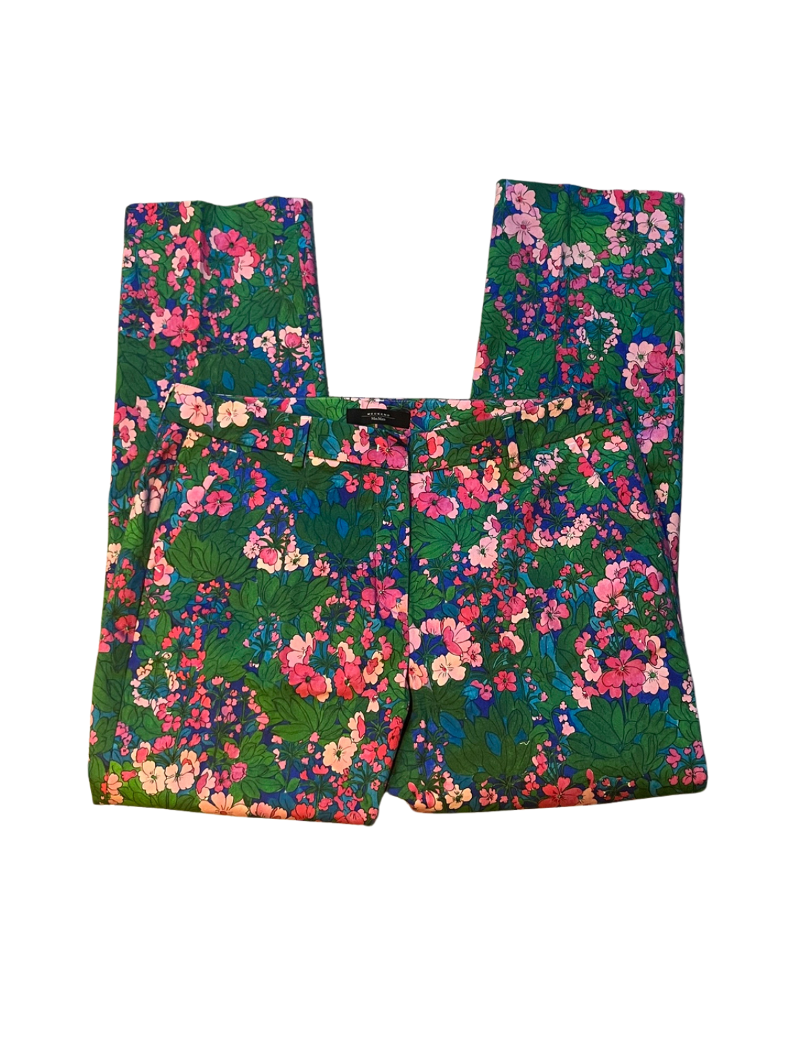 Beautiful Weekend Max Mara Summer Floral Trousers Green, Pink & Blue – Cigarette W13 Stretch, UK 16