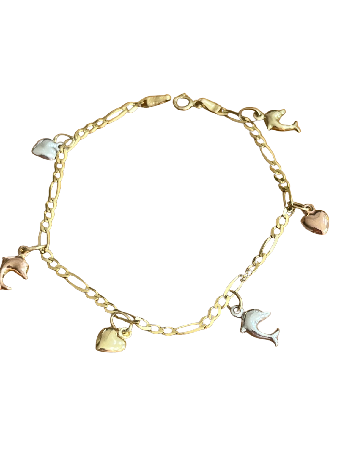 9ct Tri-Colour Gold Super Cute Bracelet with Heart & Dolphin Charms