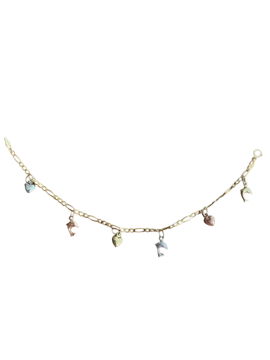 9ct Tri-Colour Gold Super Cute Bracelet with Heart & Dolphin Charms