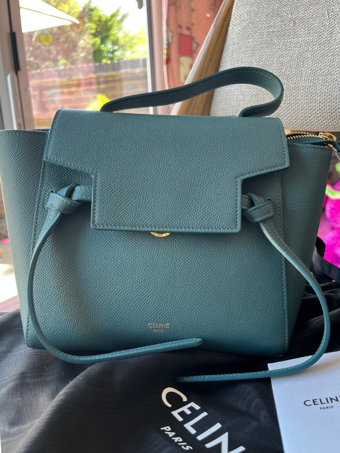 Celine Nano Belt Bag in the Most Stunning Blue/Teal Leather with Top Handle & Crossbody Strap
