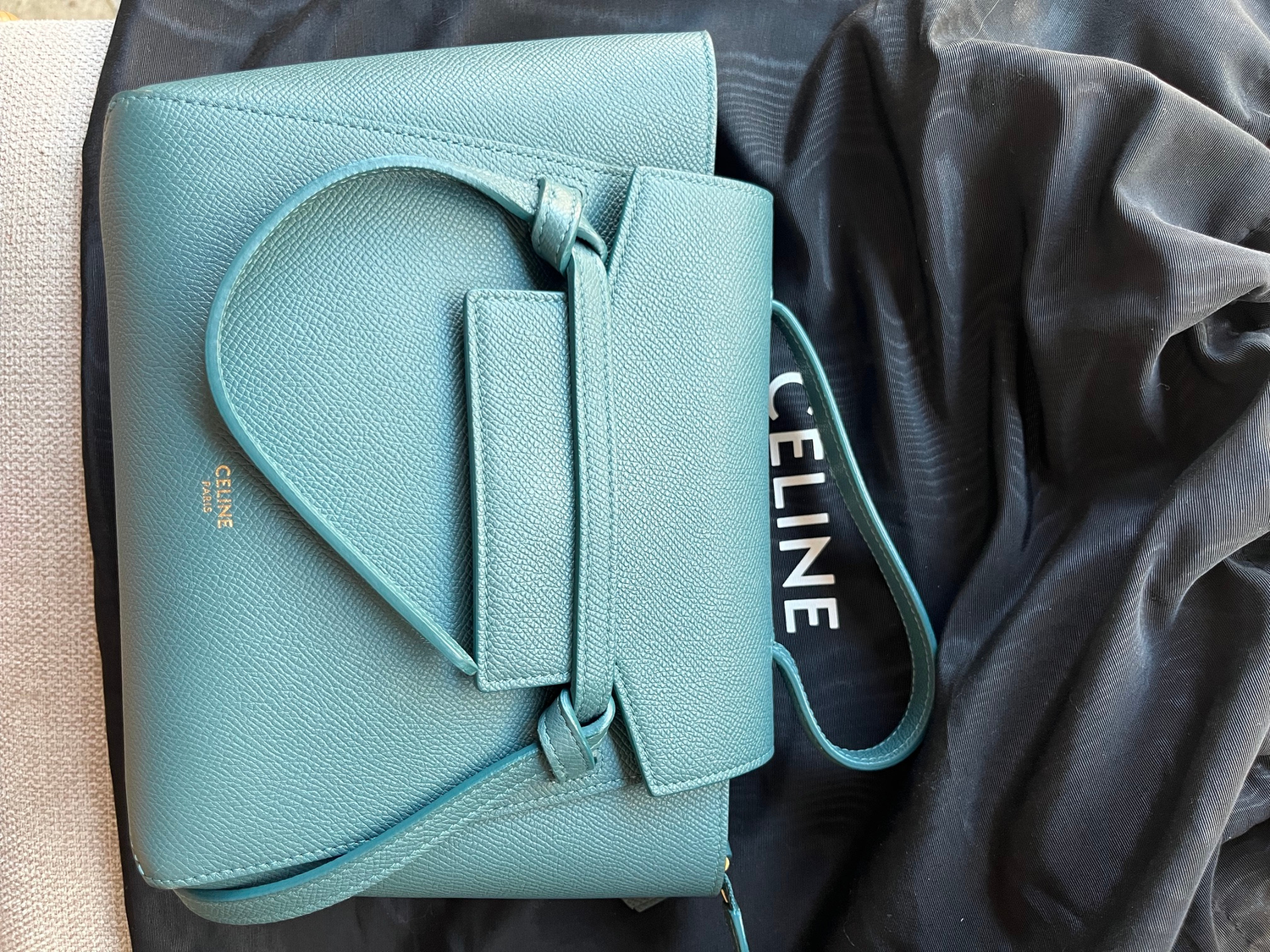Celine Nano Belt Bag in the Most Stunning Blue/Teal Leather with Top Handle & Crossbody Strap