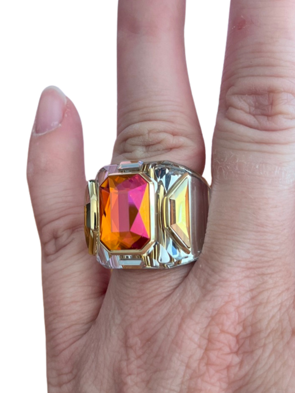 Absolutely Gorgeous Swarovski Chroma Cocktail Ring in Pink & Orange with Gold-Tone Details – Size 52